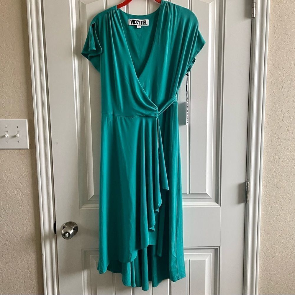 Vicky Tiel Teal Green Wrap Midi Dress Flutter Sleeve Size S NWT - Picture 2 of 10